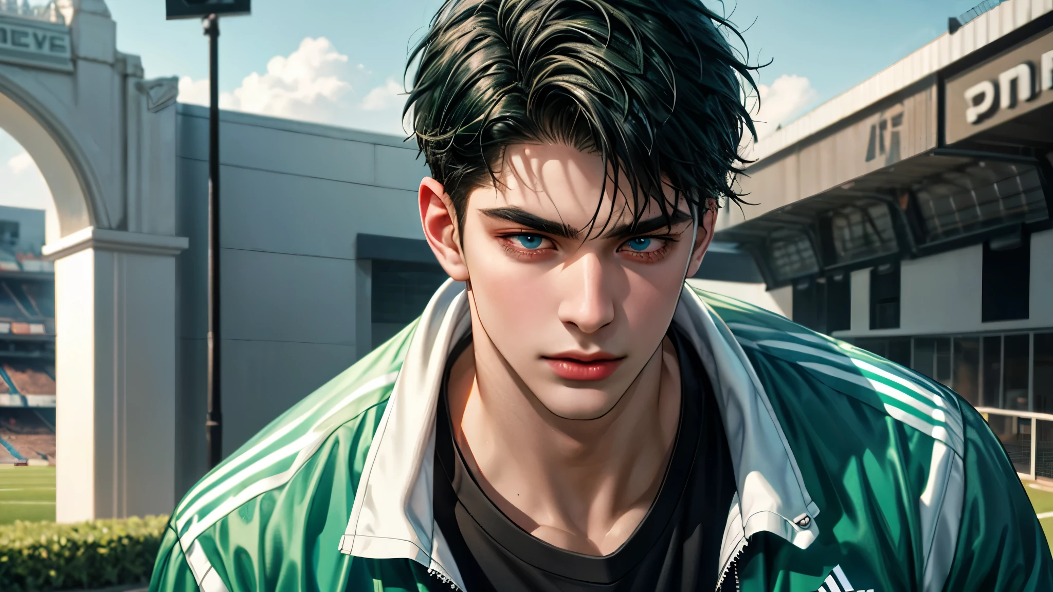 Handsome young man, black hair short hair, blue eyes, ombros largos, masterpiece, Absurd, beautiful and detailed face, with dark green long sleeve adidas jacket, daytime environment, Football field, expression of surprise