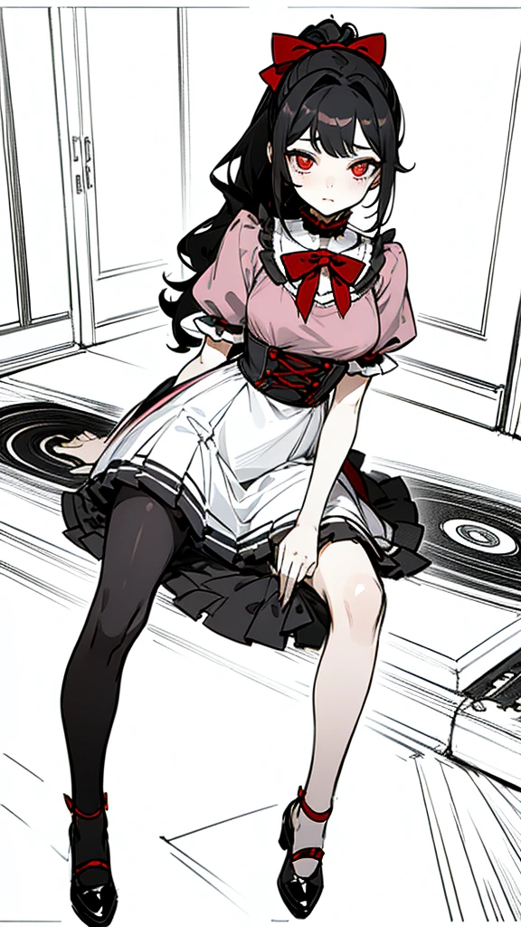 using pantimedies, wavy black hair, piercing look with deep red eyes, average stature, Silky hair with a ponytail hairstyle collected with a red bow with two white lines, with clothes, has a vagina, has breasts, cup of breasts, small breasts, slim, foreground, Session, sitting in her room, standing in his room, wearing pantyhose, using pantimedies, Picardias, short skirt, shoes, blouse with straps, blush, opening her legs making her panties visible, open legs, perfect white panty, Skirt fluttering in the wind, grabbing the skirt with both hands, from below, chubby thighs