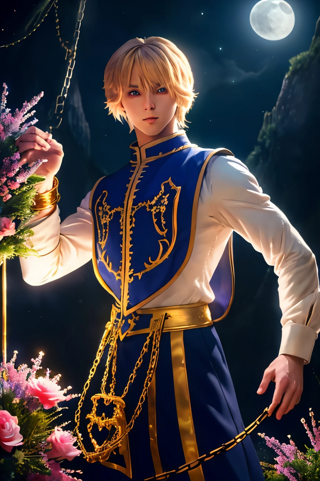 Kurapika, 1boy, masterpiece, realistic, absurdres, best quality, high resolution, very handsome, perfect face, cute face, intricate detail, red eyes, clear and beautiful detailed eyes, blue tabard, white shirt, gold trim, chains flying, slim muscular, handsome muscle, detailed skin, perfect hand, good anatomy, looking at camera, action scene, dynamic pose, fantasy, night, tree, Moonlight at night, wilderness, flowers, skynight, studio lighting, soft light, upper body portrait, front view, Professional photography, 8K UHD,