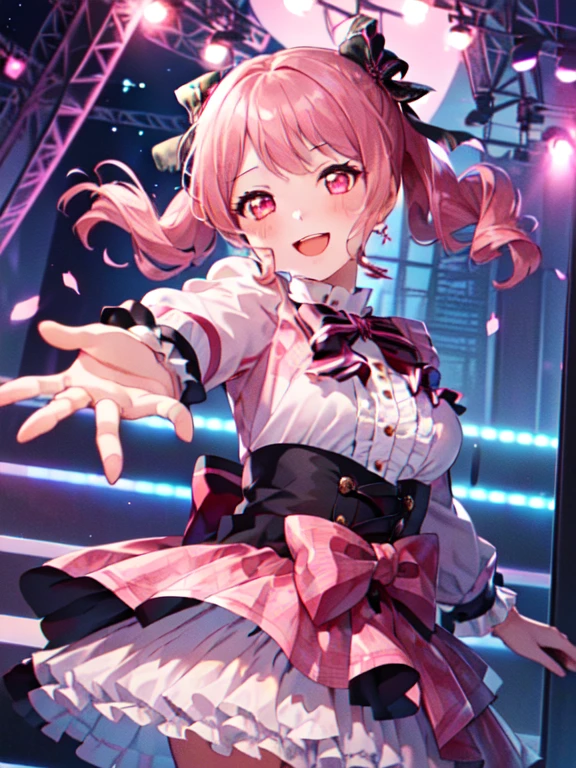 (masterpiece, best quality,high:1.5 resolution),((1girl:2,solo:2)),maruyama_aya_bangdream pink_hair, bangs, pink_eyes, blush, smile, open_mouth, bow, ribbon, twintails, sidelocks, long_hair, hair_ribbon, hair_bow,idol dress