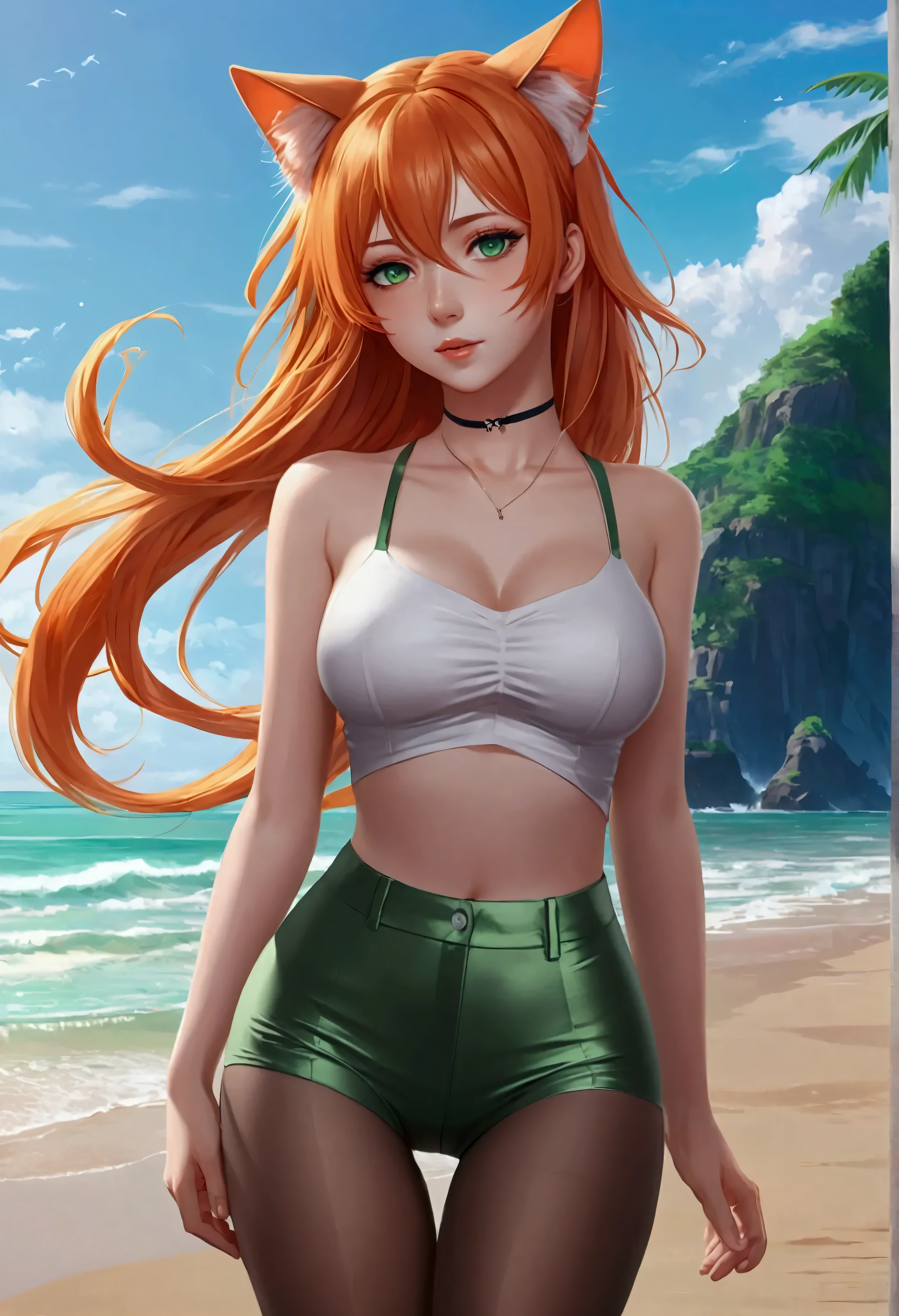 anime girl with long orange hair standing on beach near ocean, green eyes detailed digital anime art, cat ears, , anime girl with long hair, smooth anime cg art, anime girl with long hair, average breast size, digital anime art, artwork in the style of guweiz, beautiful anime portrait, photorealistic anime girl render, Shiny rubber pants, beautiful anime girl, advanced digital anime art, pantyhose, guweiz on artstation pixiv upscale HD UHD HQ