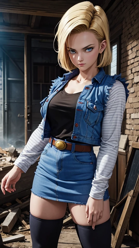 realistic 1.2, Android 18, classic look, big breasts, Alone, Looking at the observer, short hair, blue eyes, blonde hair, clavicle, city in ruins, wet hair, black shirt, erect nipples, denim jacket, vest, striped sleeves, belt, denim skirt,  brown boots, The level of detail is inspiring, with intricate elements meticulously crafted, volumetric effects add depth and dimension, and the photorealism is unmatched. The image is rendered in 8K resolution, ensuring super detailed visuals. Volumetric lighting adds a touch of magic, highlighting your beauty and aura in a supernatural way. A tecnologia High Dynamic Range (HDR) makes the cores stand out, adding richness to the overall composition. Finally, this art presents an unreal portrait.