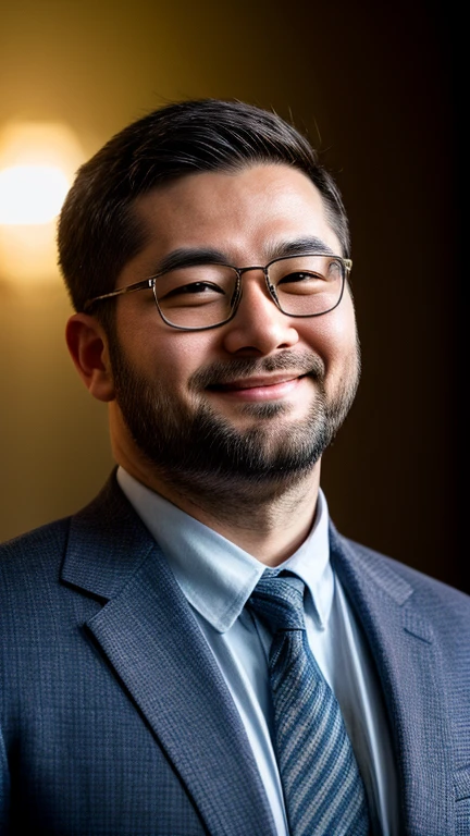 An award-winning original photo, A bear man, Japanese man, (30 years old daddy: 1.1), 1 man, Solo, (suit), pudgy physique, receding hair, chubby and stout, stubbles, (Detailed body), realistic eyes, glasses, smiling, looking at viewer, lighting (Best quality, high resolution, Photorealistic), Cinematic lighting, Masterpiece, RAW photo, Intricate details, hdr, depth of field, upper body annd face shot,(realistic: 1.4), (from the front), daylight