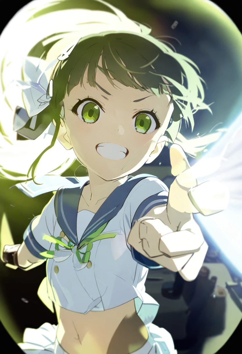 1，Brown side ponytail，Green eyes，Sailor Suit，Navel，Smile，Squint，hapiness，Aoi，Single，wind，Impact，Fisheye lens，Movie Lighting