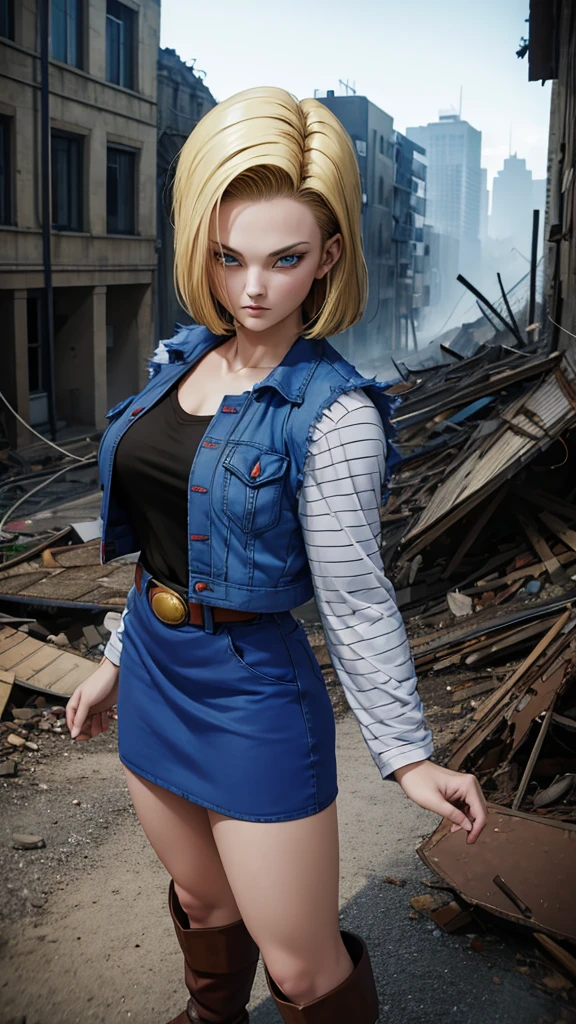 realistic 1.2, Android 18, classic look, big breasts, Alone, Looking at the observer, short hair, blue eyes, blonde hair, clavicle, city in ruins, wet hair, black shirt, erect nipples, denim jacket, vest, striped sleeves, belt, denim skirt,  brown boots, The level of detail is inspiring, with intricate elements meticulously crafted, volumetric effects add depth and dimension, and the photorealism is unmatched. The image is rendered in 8K resolution, ensuring super detailed visuals. Volumetric lighting adds a touch of magic, highlighting your beauty and aura in a supernatural way. A tecnologia High Dynamic Range (HDR) makes the cores stand out, adding richness to the overall composition. Finally, this art presents an unreal portrait.