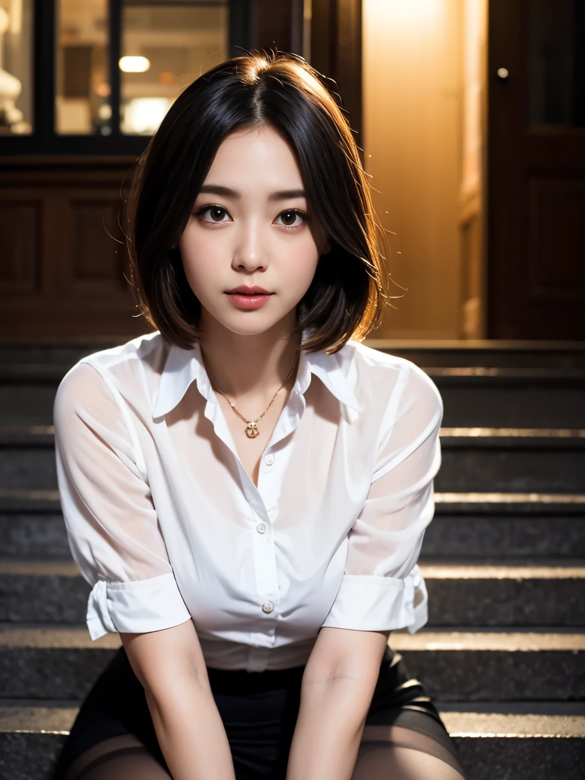 Surreal、High resolution、8k wallpaper、Very detailed、Best illustrations、Beautiful and detailed eyes、highest quality、Ultra-detailed、masterpiece、Detailed face、solo、One Girl、Looking at the audience、Detailed face、Dark Night、Laughter、short hair、Straight Hair、Upper body、Wear an office shirt