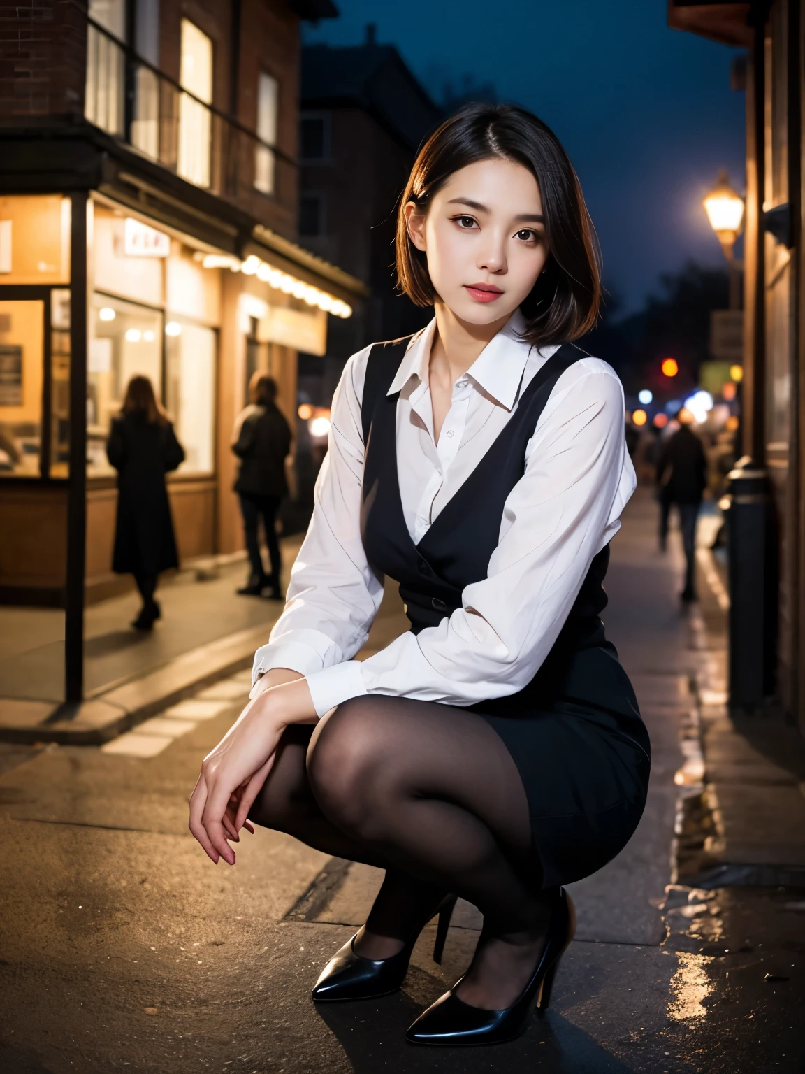 face is :9,3157126699], 17-year-old daughter、Layer Hair、Formal shirts、Formal skirt、Smiling smile、long eyeslashes、Beautiful double eyelids、beauty legs、pantyhose、short-hair、In front of the station at night、Stairs at night、crouching down、Sit up、Raw photo, (in 8K、top-quality、​masterpiece:1.2)、(intricate detailes:1.4)、(Photorealsitic:1.4)、octane renderings、Complex 3D rendering ultra detail, Studio Soft Light, Rim Lights, vibrant detail, super detailing, realistic skin textures, Detail Face, Beautiful detail eyes, Very detailed CG Unity 16k wallpaper, make - up, (detailedbackground:1.2),　shinny skin、Luxury high heels、