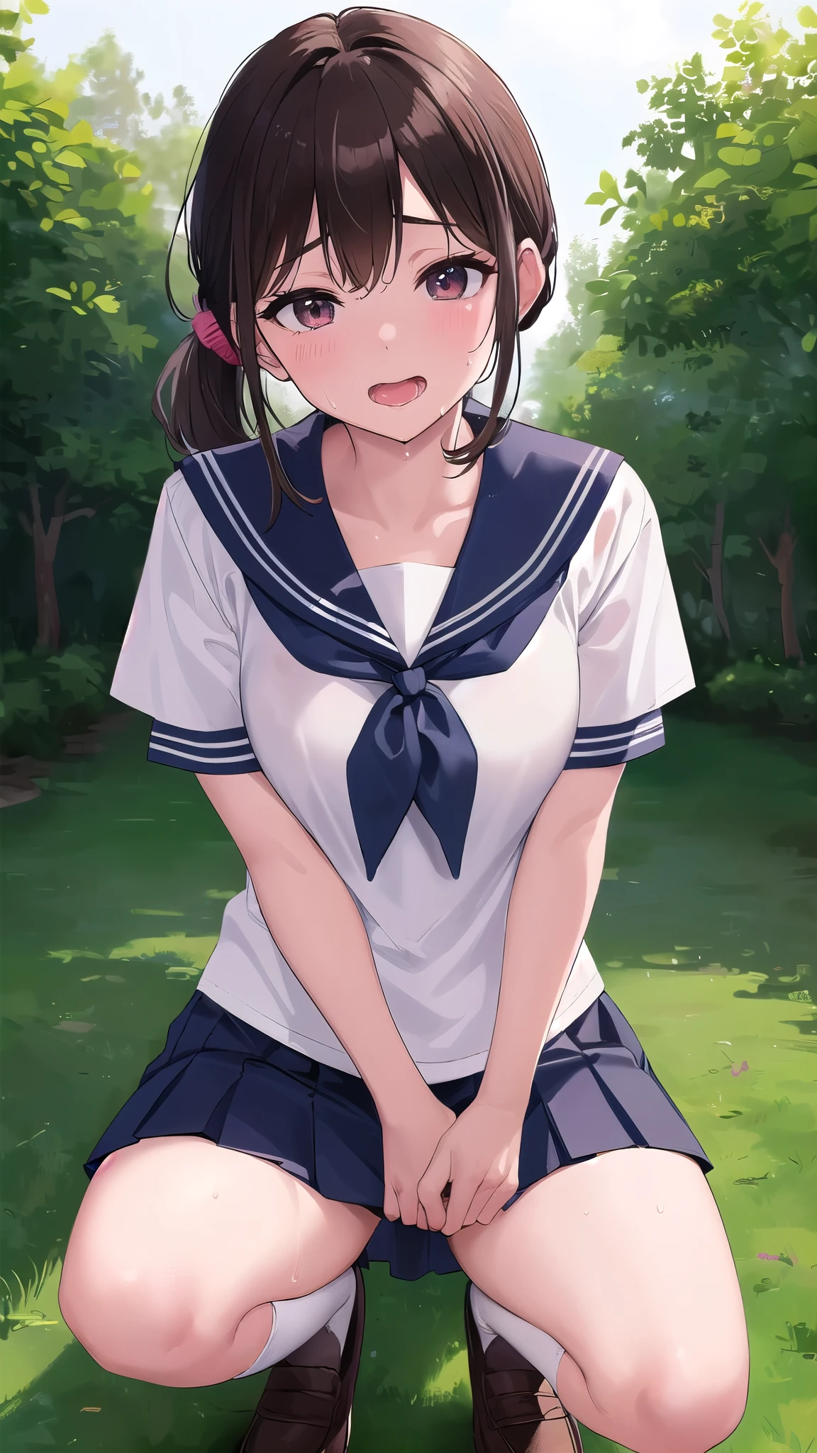 Anatomically correct, One Girl, Small breasts,  ｛Shortcuts:1.7｝, Short Ponytail, Brown Hair, Character Portrait,Sailor suit,smile,school bag, anime, 最high quality, high quality, High resolution, Beautiful woman, high school student, Attention to detail, Good lighting, Obscene, hentai, ((Short sleeve, キュートなネイビーのSailor suit, Navy Pleated Skirt, Navy sailor collar, Blue Sailor Scarf, socks, Brown Loafers)), (Wet Shorts), (((Be incontinent))), (((Pee))), (((Pee on your own))), (Pee dripping from between her legs), (puddle), (Thick thighs), Nice long legs, Detailed face, A beautiful face is humiliated, Embarrassing, Outdoor, he, ((Ahegao, Embarrassing, Drooling, Open your mouth, Sweaty)), ((Squat, Spread your legs, Put your hand in your panties, Roll up your skirt yourself)), nsfw, A girl gets on all fours in front of a man&#39;