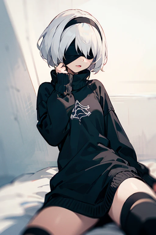 2B_NA, white hair, black blindfold, black hairband, with a white sweatshirt, with long black socks