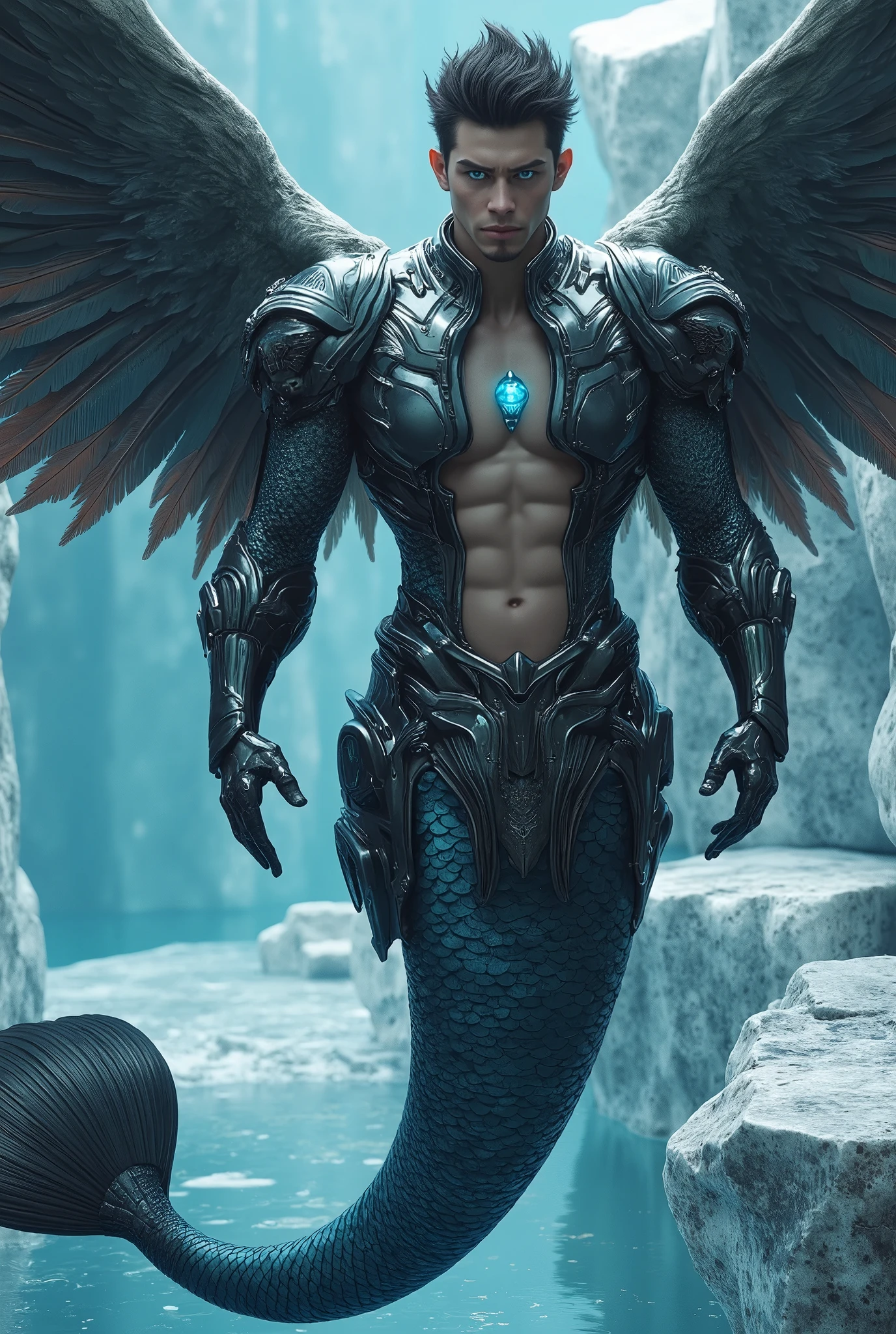 a male mermaid, massive feathered wings, high-tech futuristic armor, glowing eyes, heterochromia, in icy water, surrounded by geometric ice blocks, abstract style, (best quality,4k,8k,highres,masterpiece:1.2),ultra-detailed,(realistic,photorealistic,photo-realistic:1.37),portrait,digital art,cinematic lighting,dramatic lighting,intricate details,highly detailed face,beautiful detailed eyes,beautiful detailed lips,extremely detailed eyes and face,long eyelashes,dynamic pose,seamless,smooth,sharp focus