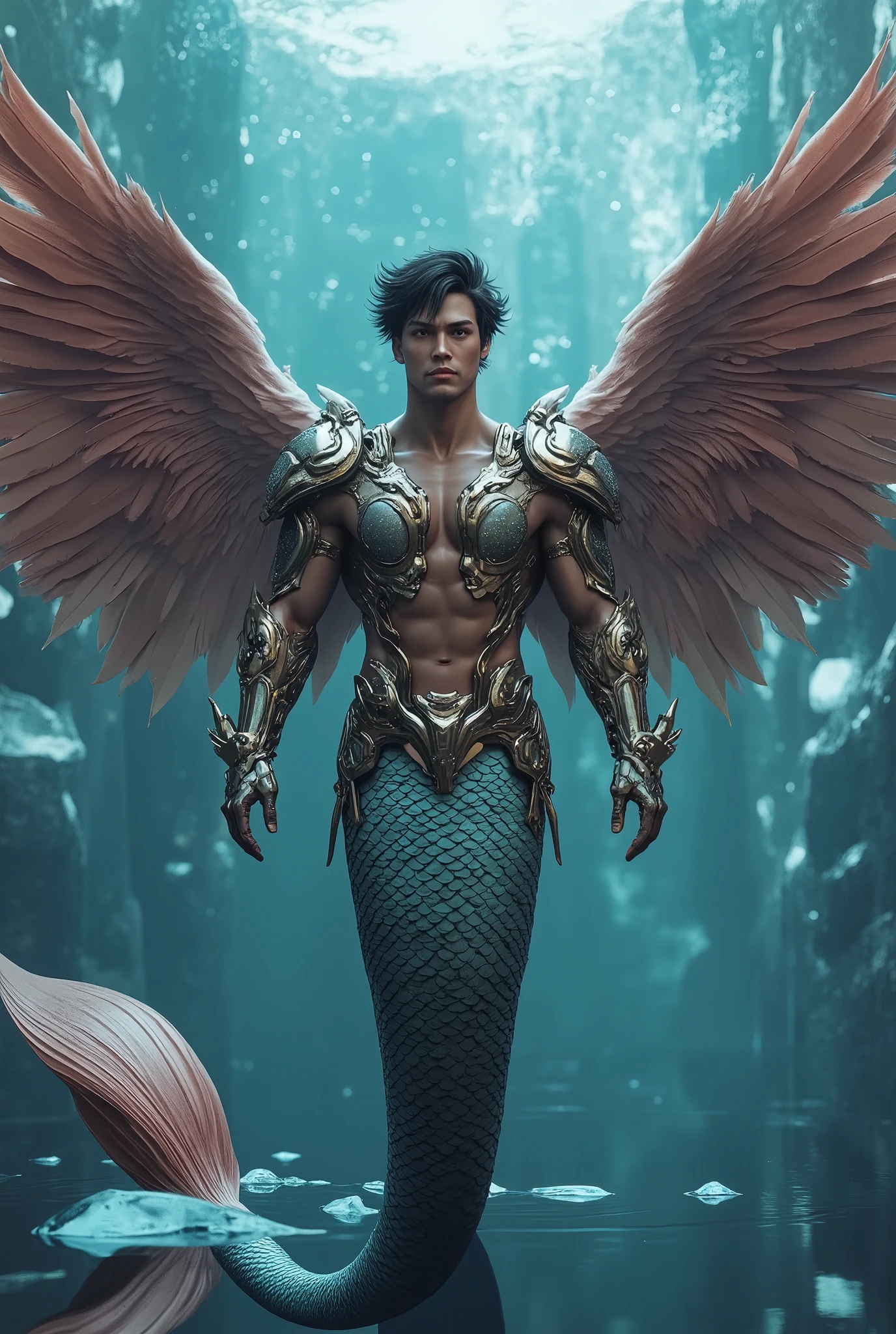 a male mermaid, massive feathered wings, high-tech futuristic armor, glowing eyes, heterochromia, in icy water, surrounded by geometric ice blocks, abstract style, (best quality,4k,8k,highres,masterpiece:1.2),ultra-detailed,(realistic,photorealistic,photo-realistic:1.37),portrait,digital art,cinematic lighting,dramatic lighting,intricate details,highly detailed face,beautiful detailed eyes,beautiful detailed lips,extremely detailed eyes and face,long eyelashes,dynamic pose,seamless,smooth,sharp focus