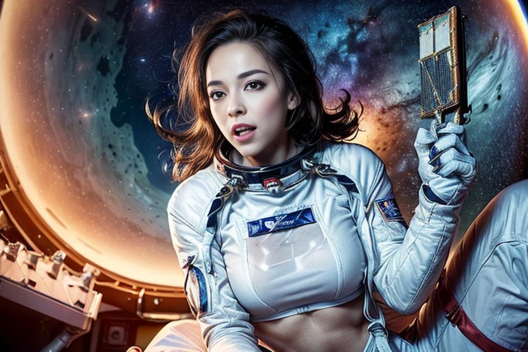 A pretty Brazilian model with a big booty and big titties doing a split and Outer space sitting on a white moon and the galaxy with a world atmosphere background and a half body astronaut suit