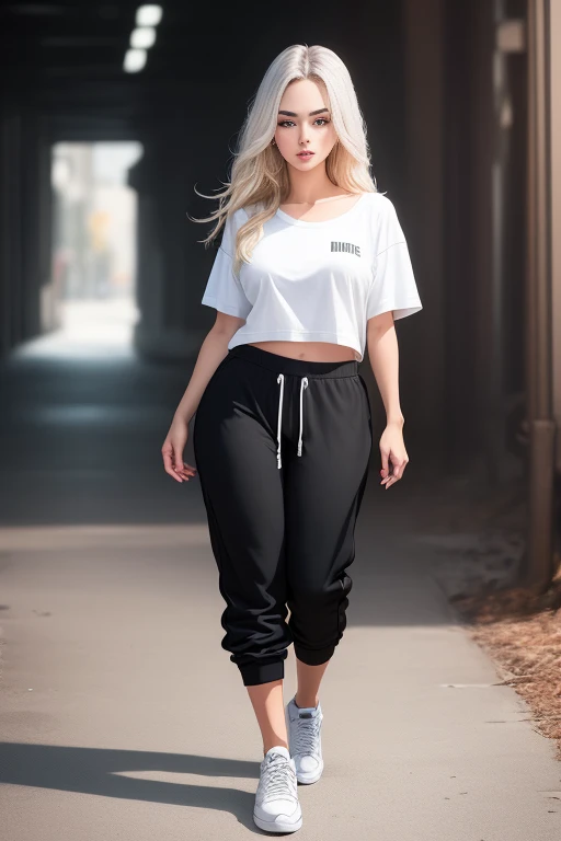 1girl called Sarah with long blonde white hair, colored flowing hair, long hairstyle, perfect detailed face, detailed symmetric green eyes with circular iris, beautiful, walking and posing, look at observer, 19 year old girl, looks like Madison Beer, extremely detailed face, model, realistic, real life, perfect photo realistic picture, realistic, curvy body, hourglass figure, stunning realistic photograph, detailed fingers, detailed realistic face, nice fingers, real human nails, extremely attractive girl, perfect detailed tanned skin, small eyes, perfect detailed face with realistic complexion and skin with small pores, small nose, photo-model, perfect posture, natural limbs, long legs, detailed symmetrical eyeballs, symmetrical eyes, realistic eyeballs, realistic detailed eyes, cute plump closed lips, makeup, no long neck, no long waist, ideal proportional body, seductive gaze, looking in the direction of the viewer, captivating facial features, tall, two arms, two legs, one head, tiny breasts, realistic natural bodies, realistic shadows, mystical lighting, 8K, UHD, ((body facing the viewer, showing to camera)),
 “wide angle”, full-body shot, full pose, photo studio white background, little seduce, cinematics light, Centered hipereallistic cover photo, awesome full color, cinematic, neoprene, behance contest winner, portrait featured on unsplash, stylized digital art, smooth, ultra high definition, wearing a white oversize t shirt and black joggers pants Acronym J36-S (t shirt only white color), black and white sneakers, instagram model, 80mm , urban streetwear , Realistic,round ass