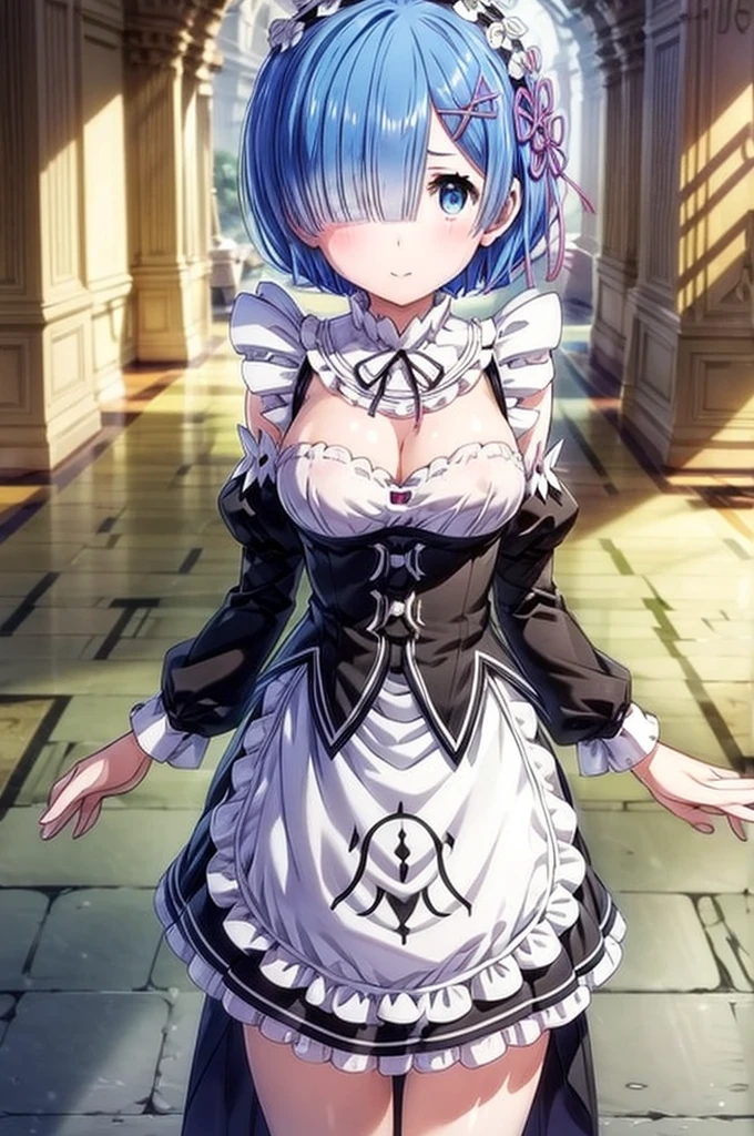 Rem、masterpiece、Best Quality、 1 Woman、Super detailed、Gravure idol、Blue Hair、short hair、Bobcut、Straight Hair、Maid uniform、tits、Nipples、P、