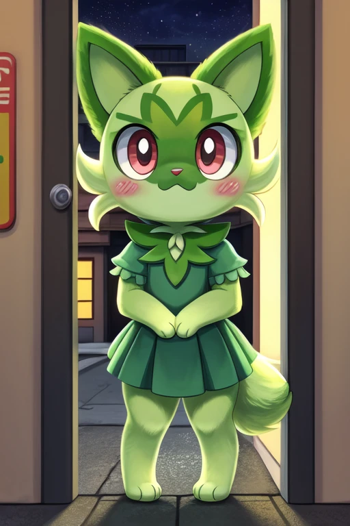 1girl, 1, sprigatito, furry, anime, looking at viewer, detailed street background, evening, standing in the doorway, sad face, shy pose, blush, pokemon, green fur with light green parts, anthropomorphic character, clothed