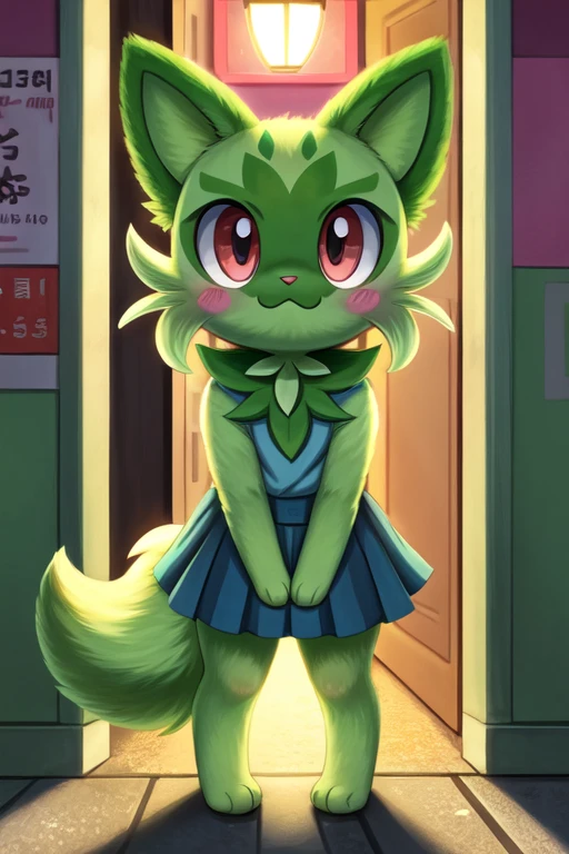 1girl, 1, sprigatito, furry, anime, looking at viewer, detailed street background, evening, standing in the doorway, sad face, shy pose, shy smile, blush, pokemon, green fur with light green parts, anthropomorphic character, clothed