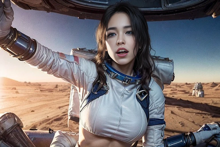 Close-up of a woman in a white suit with red gloves, Portrait Astronaut Girl, Armored astronaut girl portrait, Sleek digital concept art, Kschaert Krentz Key Art Feminine, SF Women, girl in space, Smooth Art, Wearing a space suit, Vojtek Fuss, Lostrun 8k, Inspired by Krenz Kuszat,((White bikini shorts))、