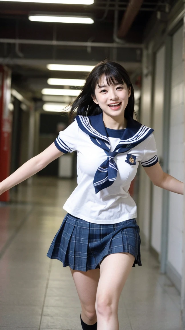 ((最High image quality、8k、masterpiece:1.3))、Photorealistic, Sharp focus, High image quality, High resolution, 1 person、Japanese、woman, beautiful woman,((High School Uniform)) 、((Short-sleeved sailor uniform))、((Light blue checkered pleated skirt))、(Red school ribbon), Medium Long Hair、large breasts,White shoes、 Running towards me down the hallways of a Japanese high school、((Full speed)),open mouth,evel grin