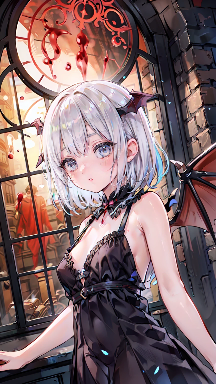 Highly detailed wallpaper, Extremely detailed, Detailed Shadows, Very accurate and detailed, Highly detailed 8K wallpapers, Very beautiful 8K CG wallpaper,Old ruined church. . Her black dress is torn，There are stains in many places. Her Gray Hair is dull, Long and Disturbed. Light shines through a broken stained glass window。.Demon horns on head.It has bat wings on its back.tooth,(Best Writing, Very delicate and beautiful),(Best Writing, Very delicate and beautiful), (Beautiful and delicate face), (Detailed eyes and detailed face:1.2), Dark fantasy,  Alone, Cute Smile, Gray Hair, Dynamic Angle, vampire), (gaint vampire castle in background),  (Red Moon, Red Sky), pointed_, tooth, Devil&#39;s Wings, Devil horns, There is blood on the face, Blood Rain, Blood Mist, (Depth of written boundary), High Contrast, (Blood splatter:1.4), Cowboy Shooting, whole body,Little b doll