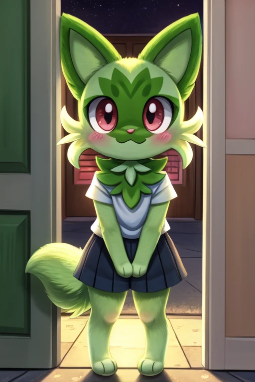 1girl, 1, sprigatito, furry, anime, looking at viewer, detailed street background, evening, standing in the doorway, sad face, shy pose, shy smile, blush, pokemon, green fur with light green parts, anthropomorphic character, clothed