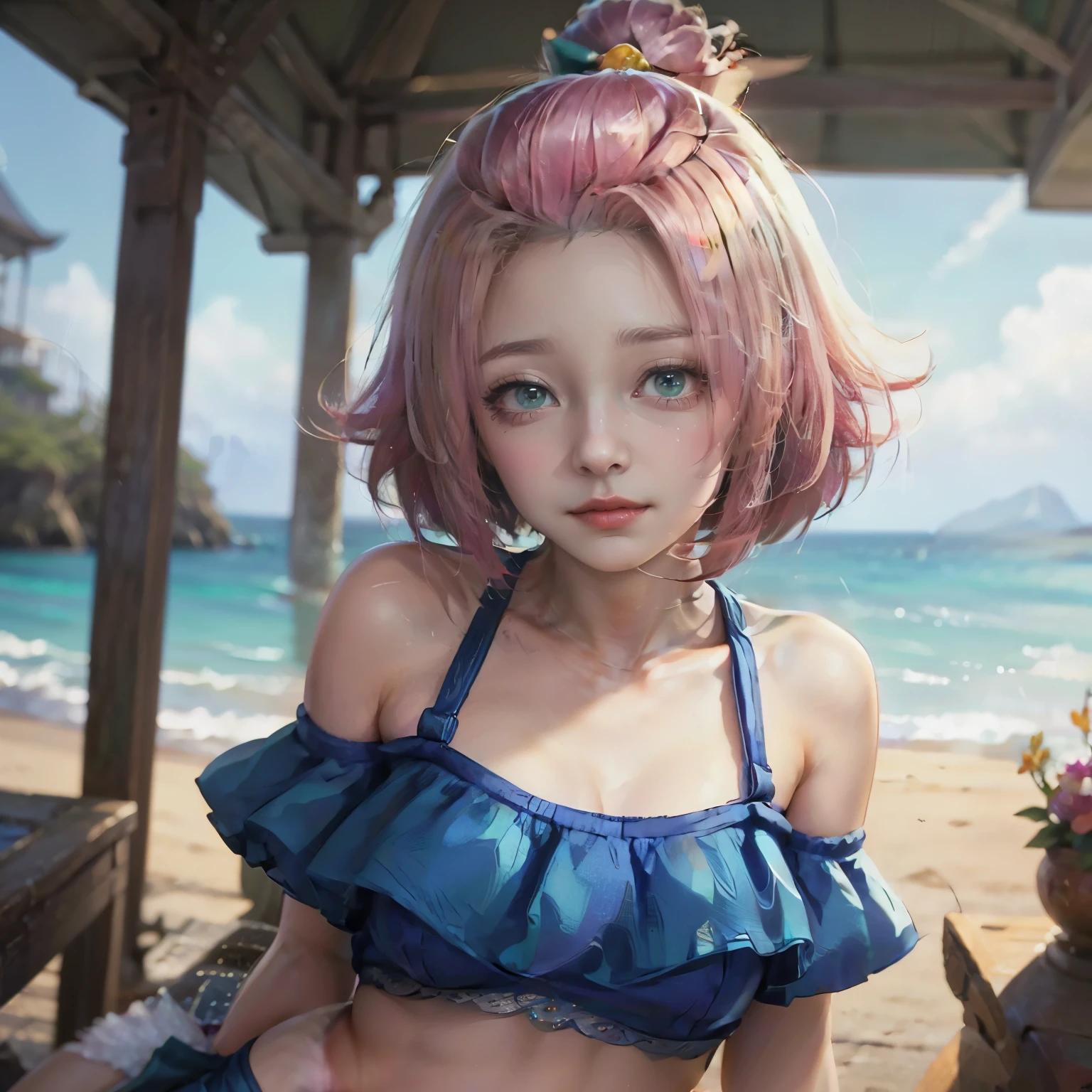 (extremely detailed CG unity 8k wallpaper, masterpiece, best quality, ultra-detailed),(best illumination, an extremely delicate and beautiful), dynamic angle, (1girl), (short blue hair:1.2+short pink hair), bikini, red high heels, waistline, bright smile, shoulder, clavicle, outdoor, sandy beach, detailed and beautiful eyes, perfect face. (depth of field:1.3, blue splashing), (petals:1.2, seagulls): 0.8.