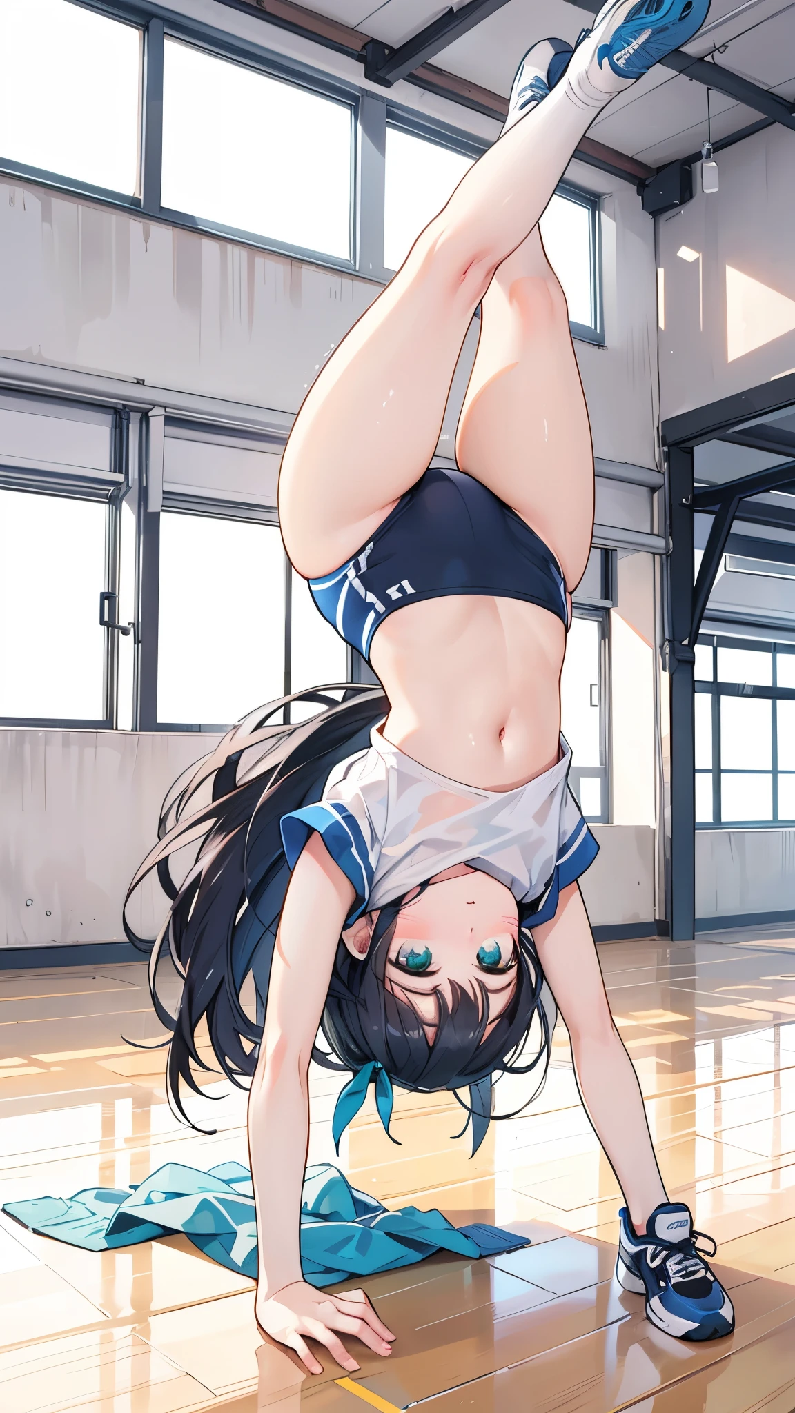 ((Best Quality, 8k, masterpiece: 1.3)),anime,people間の***,１people,１peopleで,((Petite,Glamorous Body,Curvy)),cute,Eyes raised and teeth clenched,,((Long black hair)),Beautiful emerald green eyes,(((In the school gym,Wear sportswear,White socks,Blue sports shoes)),(((Doing a handstand))),((((Whole body))),