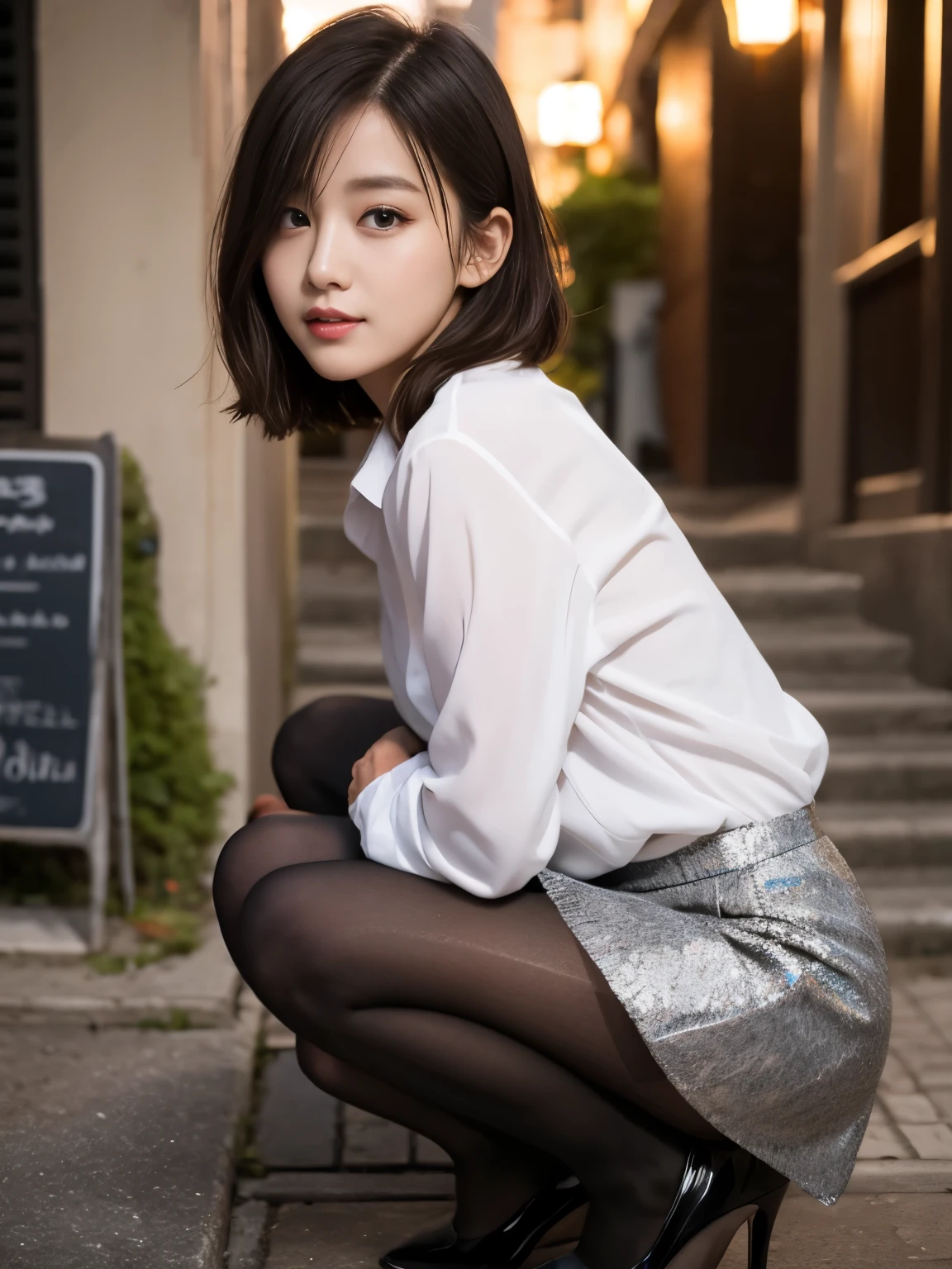 [8K RAW Photos、High resolution、One Daughter、Layered Hair、Formal Shirt、Formal Skirt、smile、Long eyelashes、Beautiful double eyelids、Eyeshadow、(super Realistic pantyhose:1.3)、short hair、Night in front of the station、Stairs at night、Squat、Please sit down、Luxury High Heels、(Intricate details:1.4),(Realistic:1.4),Octane Rendering, 複雑な 3D レンダリングのSuper detailed, Soft studio light, Rim Light, Crisp details, Super detailed, Realistic skin texture, Surface Details, Beautiful eyes in every detail, High quality CG Unity 8K wallpaper, Compensate, (Detailed Background:1.2),
In preparation 
