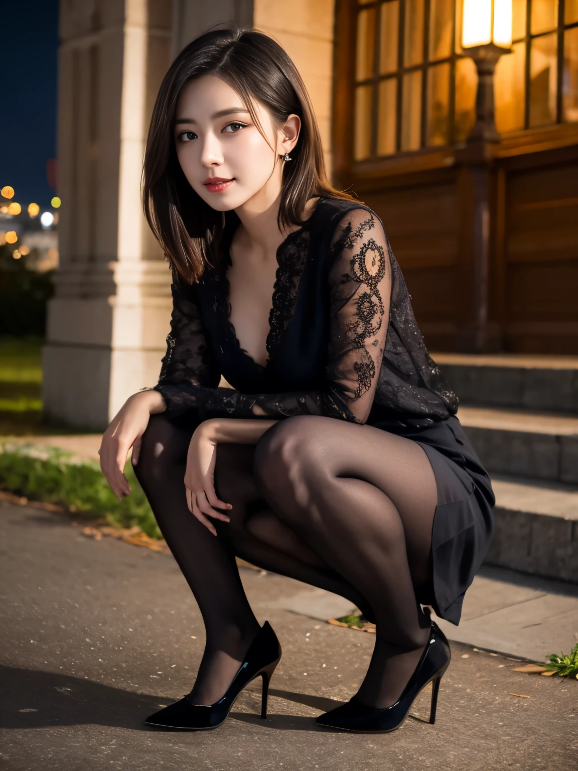 8K, Meisterwerk, RAW-Foto, best quality, fotorealistisch, extrem detailliertes CG Unity 8K Wallpaper, Depth of field, Filmisches Licht, Blendenfleck, raytracing, (extremely beautiful face, beautiful lips, gorgeous eyes), Komplizierte Details Gesicht, ((Ultra-detaillierte Haut)) 1girls, Im Dunkel, bindenfer Schatten, pretty asian girl, best quality, full-length portrait, Zartes Gesicht, handsome face, 25-year-old woman, schlanke Figur, mittlere Oberweite, OL Uniform, Bürokleidung, black legwear, Outdoor-Szene, Sitzposition, high heels, geeignet, binden