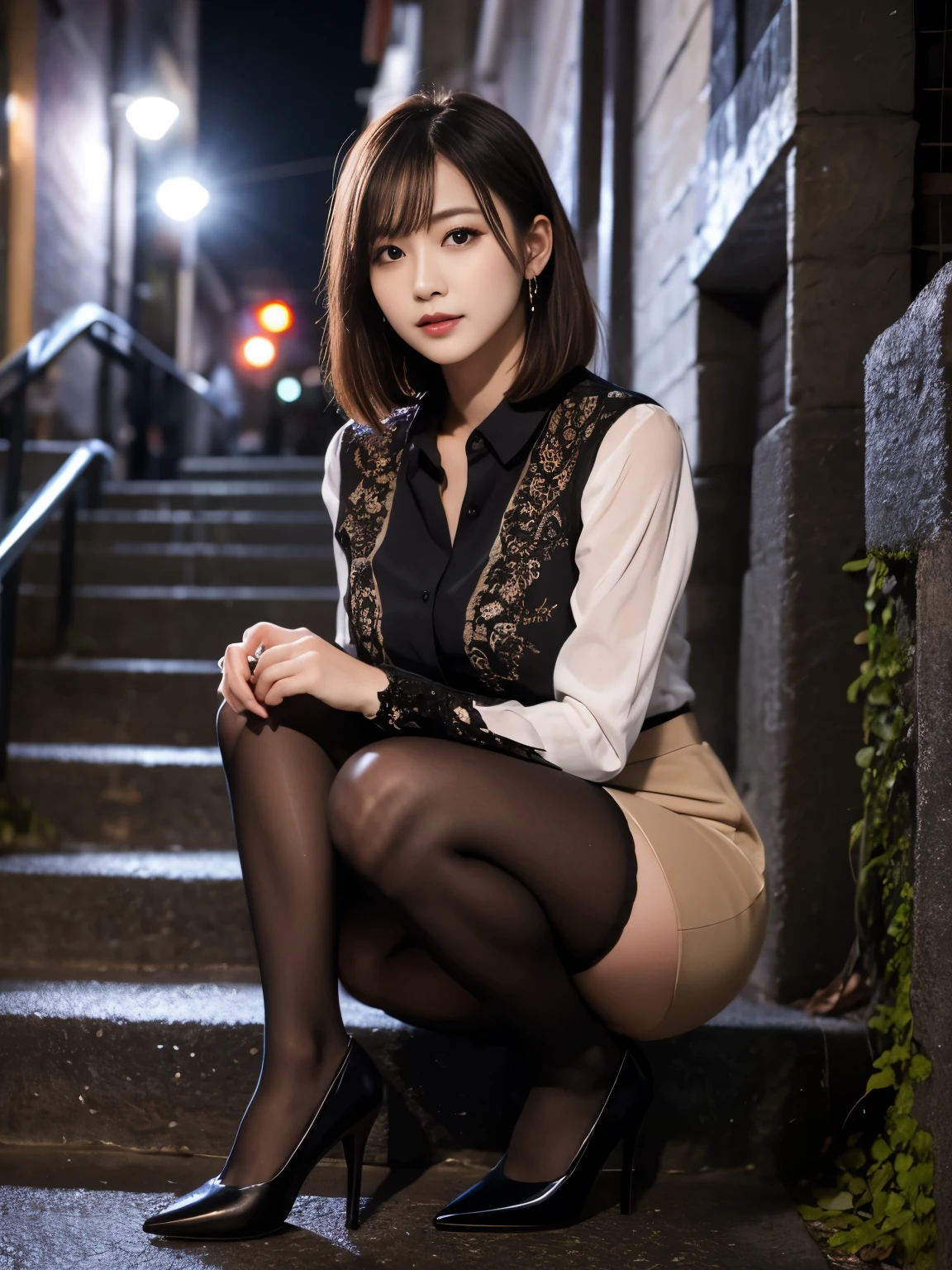 (8k, RAW photo, best quality, masterpiece: 1.2), (Shinjuku at night Japan), (sidewalk), (professional lighting), (photon mapping), (one girl), (solo: 1.5), (full body: 1.5), (body facing forward: 1.3), (squatting), (sexy), (light brown medium hair), (see-through wet white panties: 1.5), (camel toe) , (high heels), (black blazer: 1.5), (short skirt: 1.5), (bare legs: 1.5), (detail), (beautiful face), (perfect proportions: 1.2), (long legs: 1.2), (small breasts: 1,5), (panties visible from under skirt: 1.5), (detailed female pubic shape clearly visible: 1.5), (pubic hair: 1.5), (low angle: 1.4), (Realistic), (without panties:1.5), (textured skin)