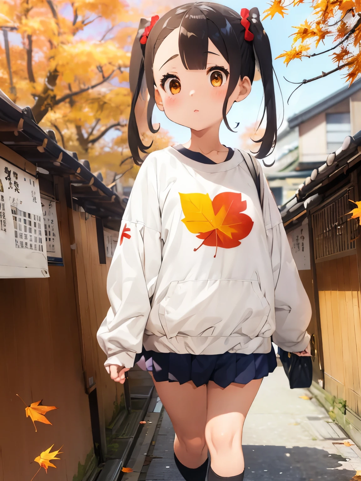 A young tiny girl walking through Ueno in autumn、autumn leaves，Bloomers、White long sleeve t-shirt、Low Twintails, (forehead), Braiding、short hair、