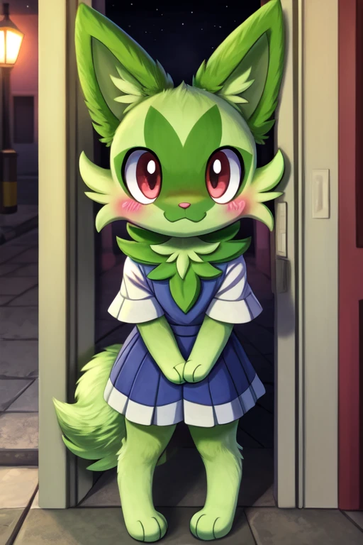 1girl, 1, floragato, furry, anime, looking at viewer, detailed street background, evening, standing in the doorway, sad face, shy pose, shy smile, blush, pokemon, green fur with light green parts, anthropomorphic character, clothed