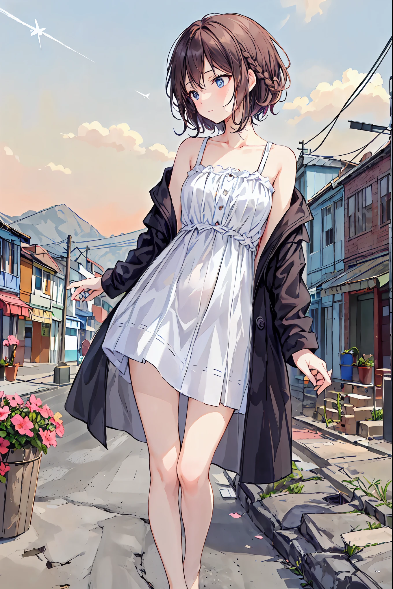 Photorealistic、Highest quality、Highest Resolution、Highest quality、16K、Beautiful woman、cute、beautiful、Bob Cut Hair、Dark Hair、Pale blue eyes、Casual clothing、smile、Smile、sunny、Walking around the city、