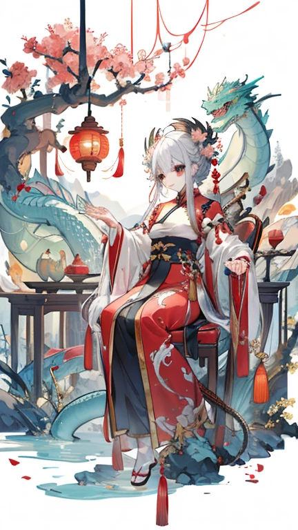 Picture quality 8K, ((Chinese style, delicate long white hair, tied into a ponytail, noble and gorgeous brocade, red scarf fluttering in the wind, young woman: 2.5, throne, fire element: 1:1, Chinese dragon: 1:1, facial details: 1.5)), beautiful figure with vivid and detailed expression, sitting on the bone throne, surrounded by human skulls, a dragon flying behind, creative strange and dark.