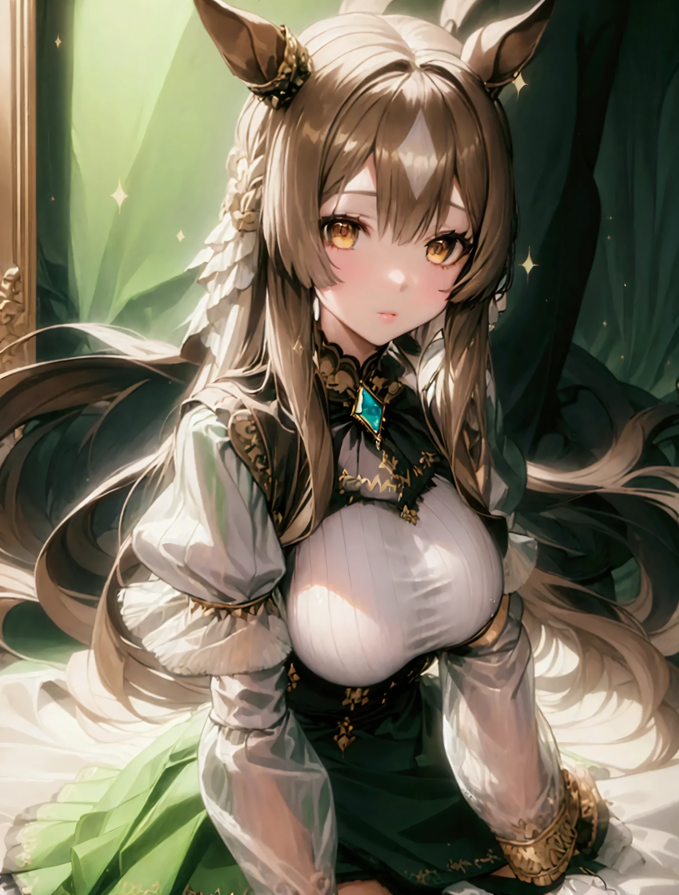 (Super detailed), masterpiece, (Best Quality), Realistic,　Detailed eyes, Detailed face, Fine hair, Sparkle, Horse Girl_Satono Diamond　One Girl, Long Hair, Half Up, Braiding, Animal ears, earrings, Horse tail　Long sleeve, White shirt, Black Ascot, Green Dress, (Sleeves are longer than the wrist:1.2), Black knee-highs　Brown eyes, Depth of written boundary, Shining Eyes，(Huge breasts)　Thighs　Sit on the bed　View here　Lift up the skirt