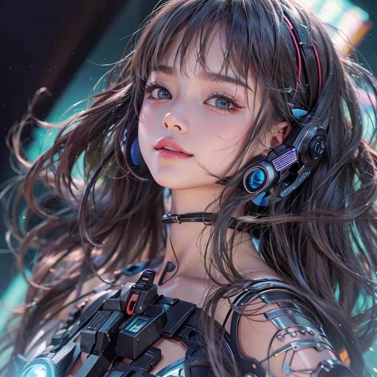 Top Quality, Masterpiece, Ultra High Resolution, (Photorealistic: 1.4), Raw Photo, 1 Girl, Black Hair, Glossy Skin, 1 Mechanical Girl, (Ultra Realistic Details)), Portrait, Global Illumination, Shadows, Octane Rendering, 8K, Ultra Sharp, Big, Cleavage Exposed Raw Skin, Metal, Intricate Ornament Details, Egyptian Details, Very intricate details, realistic light, CGSoation trend, purple eyes, glowing eyes, facing the camera, neon details, mechanical limbs, blood vessels connected to the tube, mechanical vertebrae attached to the back, mechanical cervical attachment to the neck, sitting, wires and cables connecting to the head, evangelion, small LED lamp,