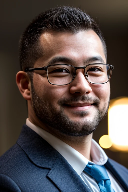 An award-winning original photo, A bear man, Japanese man, (30 years old daddy: 1.1), 1 man, Solo, (business suit), pudgy physique, extremely short hair, chubby and stout, stubbles (Detailed body), realistic eyes, glasses, smiling, looking at viewer, lighting (Best quality, high resolution, Photorealistic), Cinematic lighting, Masterpiece, RAW photo, Intricate details, hdr, depth of field, upper body and face shot (realistic: 1.4), (from the front), daylight