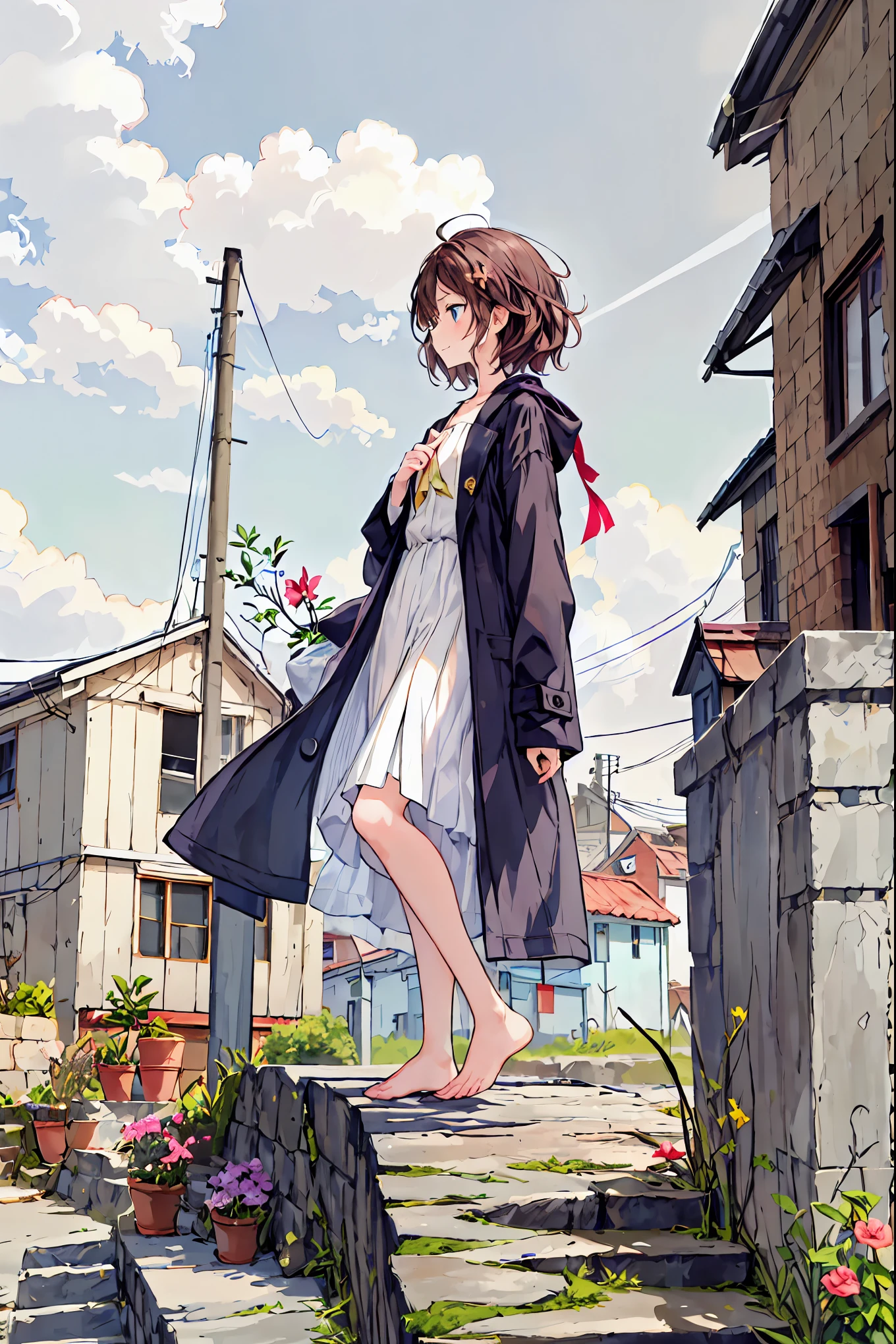 Brown Hair,Shortcuts,Messy Hair,Short braided hair,Neat,Slender beauty,A dignified posture,Small chest,Beautiful feet,Her captivating grey-blue eyes shine like stars,Vibrant colors,Beautiful Eyes,A delicate smile,Textured Skin,The best quality at its best,A kind and beautiful woman,Anime Style、With a girl, Black coat, A dark-haired, Abandoned house, Completely pixel art, Holding flowers, In the sunset, A dark-haired ,profile ,study ,Contrail,Tall chimney