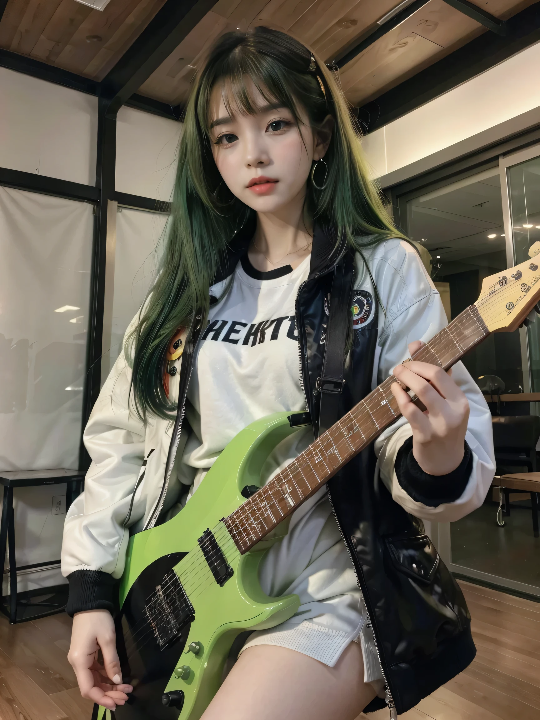 (best quality, highres, high quality), (masterpiece), goddess, 1girl, solo, (Kobo), cute face, point earrings, multicolored hair, green hair, looking at viewer, indoor, wear white jacket, ((Asian, black eyes))，bangs ，playing the guitar 