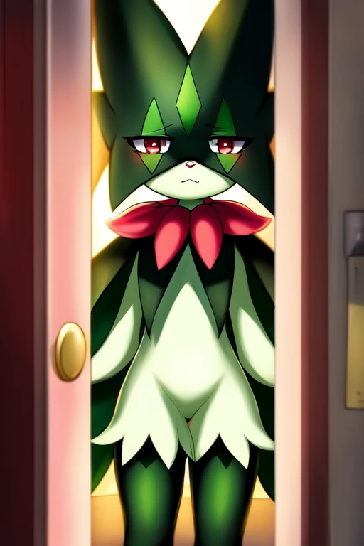 1girl, 1, meowscarada, furry, anime, looking at viewer, detailed street background, evening, standing in the doorway, sad face, shy pose, shy smile, blush, pokemon, green fur with light green parts, anthropomorphic character, clothed