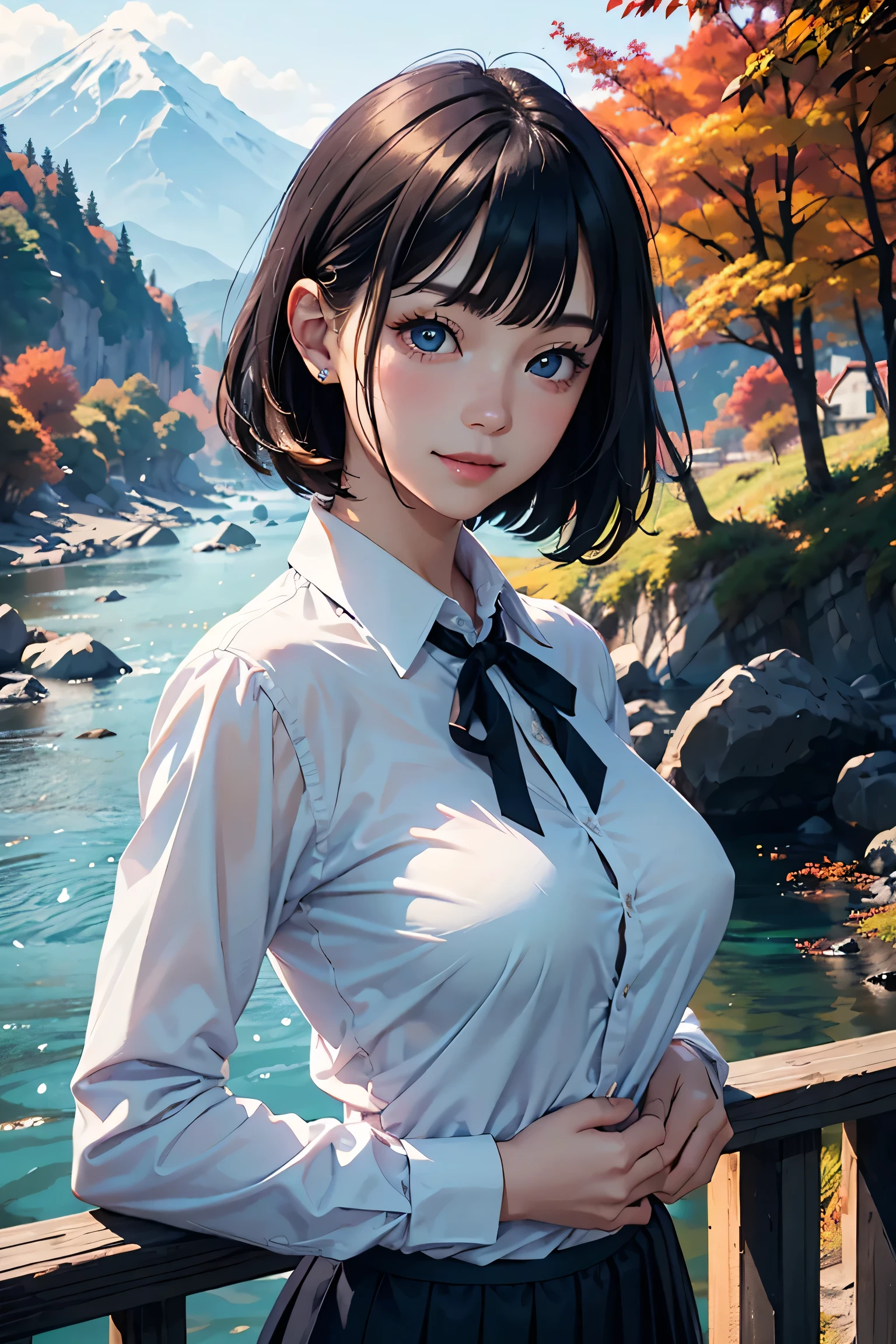 Bright lighting、Beautiful illustrations、
(8k, RAW Photos, Highest quality, masterpiece:1.2), (Realistic, Realistic:1.37), Very detailed, 1 person, alone, cute, Beautiful poop、(School uniforms:1.2), (Improve:1.2), (White shirt:1.3), (Beige cardigan tied around the waist:1.3), ((Cleavage, The button is off):1.2), (Checkered Pleated Skirt:1.2), ((necklace,Colorful Bracelets,x Hair accessories):1.2),Mountain、autumn leaves、river