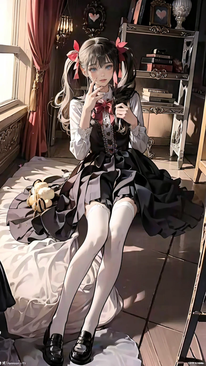 masterpiece, Best Quality, detailed, 8k，One girl,Alone，
Black Hat,gothic,Long sleeve, Colored Shirt, ,Frills,button,Aqua Flower,gem,skirt,Aqua Ribbon, Thigh-length stockings,School uniform，Long Hair,Twin tails,複雑なdetailed, Ultra-fine illustrations, whole body, Girls Front, Close-up focus, holding, Cute anime face, Nice big eyes, Normal hand, Flat Chest, Absolute territory, Light brown eyes, stuffed animal, boots,(((( Pink cute room )))),,((((Pink Gothic Room)))),(((Messy room, Mahen ,Macaroons,candy,Heart Items,ribbon,Star Item, Small window))),((Miscellaneous items are placed in a disorganized manner:1.5)),dresser,Anti Makassar ,