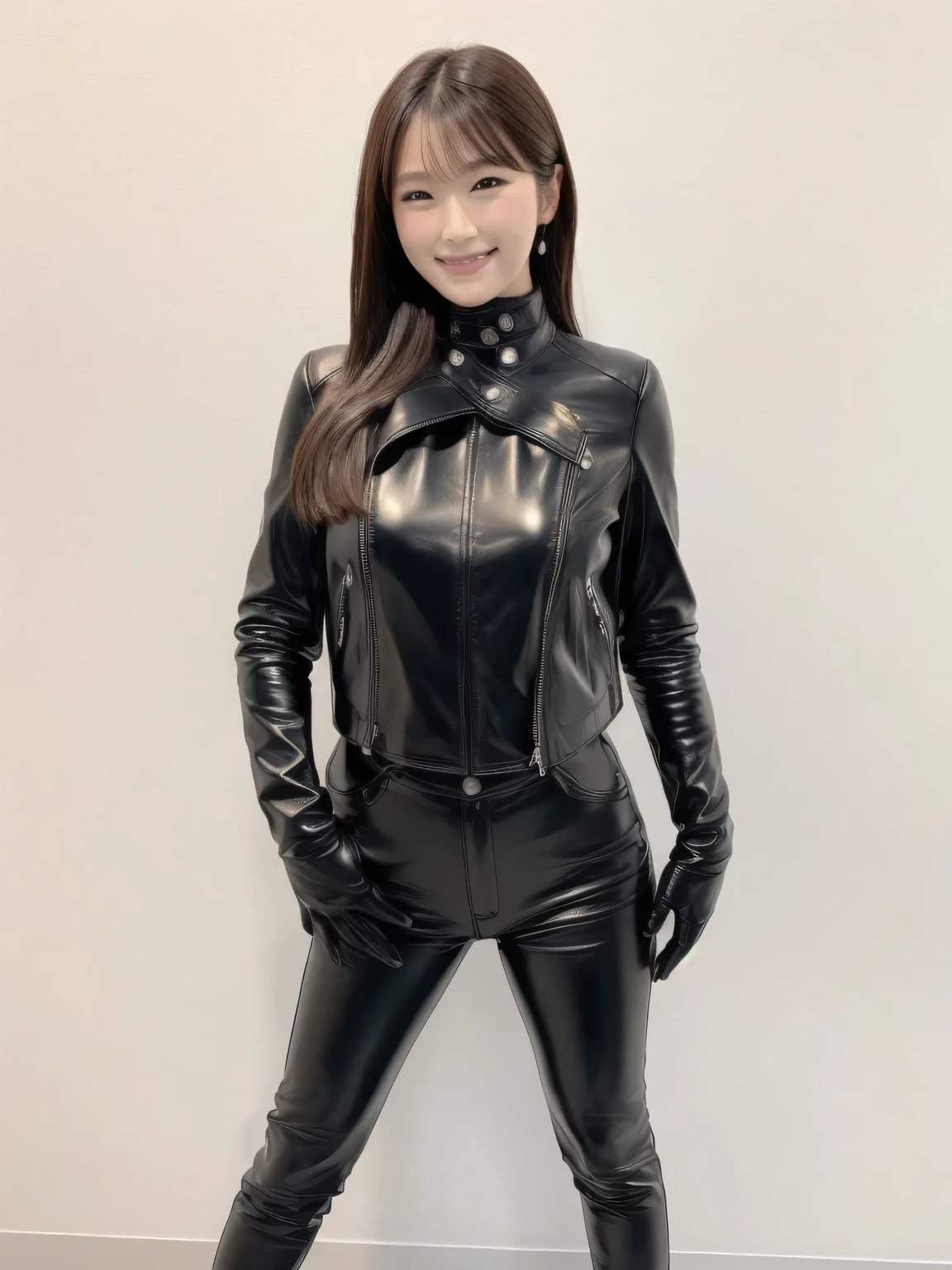 black leather rider jacket, No background, No background,Black leather gloved fingertips on both hands,Wearing black leather gloves, Japanese female new recruits (Black leather gloves cover both hands) (The angle is horizontal)、Black Leather Skinny Pants,Black Leather Skinny Pants,Black Leather Skinny Pants、Long black leather boots on both feet、Black long hair ((She wears black leather gloves on his hands))Full Body Photo,full body shot full body full body leather suit,If you turn in this direction Wearing black leather gloves,Wearing black leather gloves,Wearing black leather gloves,Wearing black leather gloves,Wearing black leather gloves,Wearing black leather gloves,standing Full body picture,Smiling while looking at me,Detailed lighting,female Best image quality、Ultra-high resolution、(Realism:1.4)、Japanese Beauty Star、The most beautiful stars、face、Horny Makeup、A body that makes you want to touch it、Realistic leather texture、Costume made of smooth leather fabric、The drape of the curved parts of the leather fabric、The costume has a strong shine、costume quality、8K Photo Quality