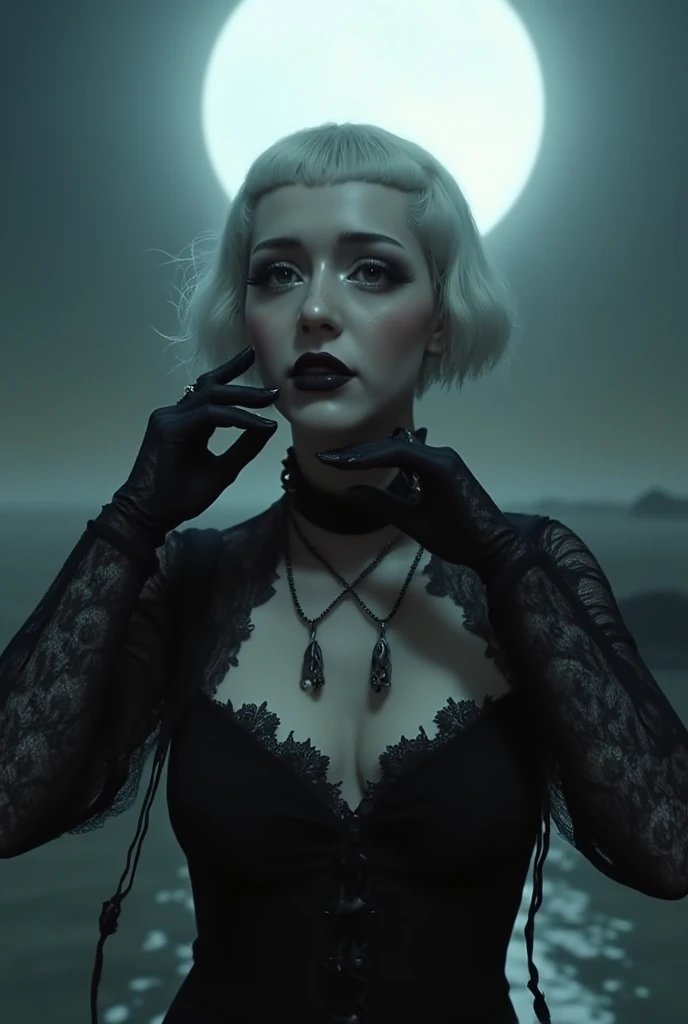 under pale moonlight insane detail, insane cinematic morbid of a goth , her lace gloves black with patterns, caressing her lips tracing along her face, beckoning to flow cascading her touch is soft delicate and elegantly sensual, "bald head" glistening under the pale moon
