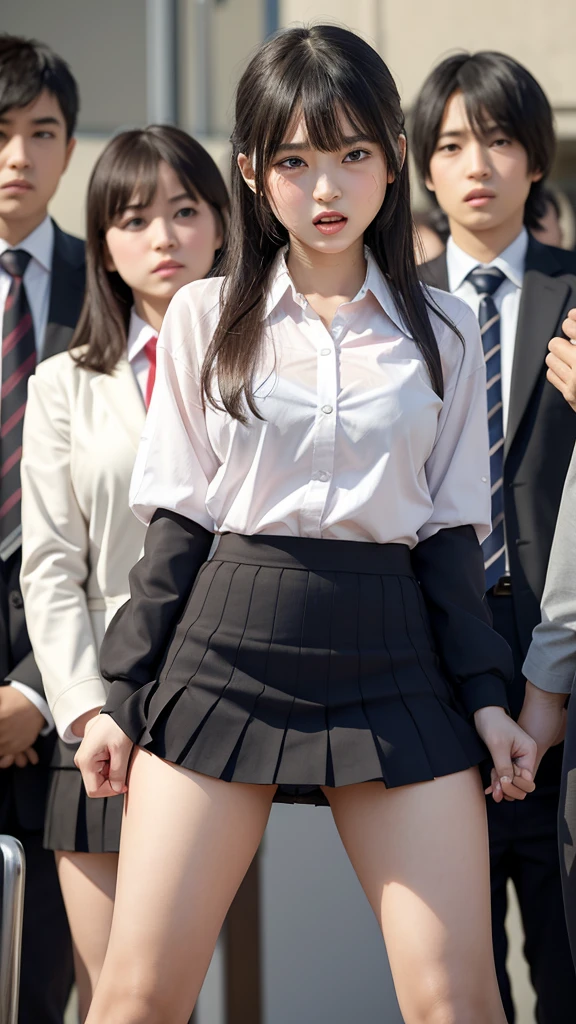 A beautiful and innocent female student in sexy underwear with a shy face, Horny male students pull her checkered skirt from the side, exposing her sexy panties、The shame of being seen makes her face look embarrassed, Screaming with mouth open while looking at the camera, A beautiful female student with a  glares at someone who is forced into a humiliating pose, Tears in Schoolgirls Open Their Legs After Being Threatened by Male Students:1.3, Close up of a squirting face, Strongly wavy medium bob:1.3, Vivid and realistic, I was surprised by the lewd gazes of the viewers., blush, Distorted Eyes, Ultra-high resolution, Beautiful legs, Clear white skin, Slender body, Japanese, Anatomically correct