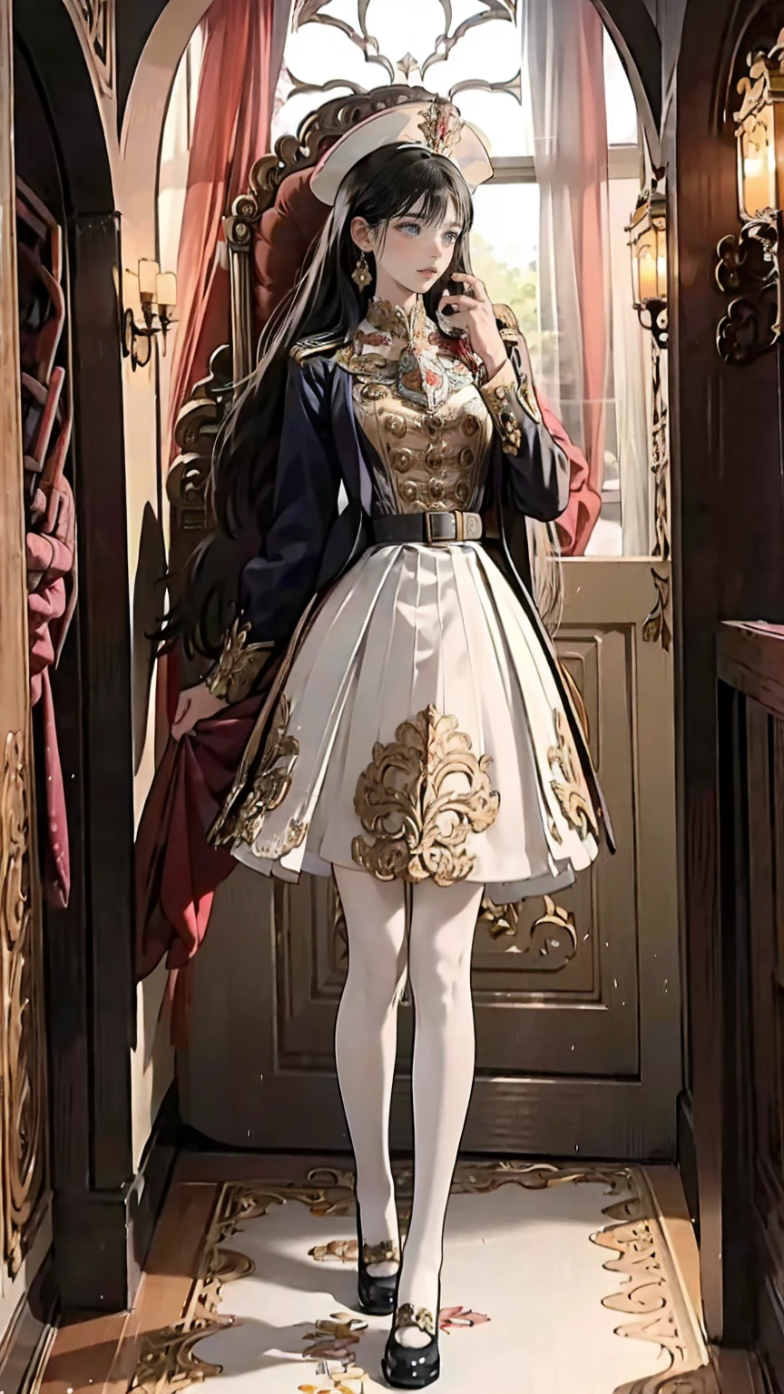 Elegant female military officer in the style of Napoleon Bonaparte. She was inspired by the French Empire、Dressed in elaborate 19th century military uniform, Blue coat with gold embroidery, Two-cornered hat with feathers, And a belt was tied around his chest. Her face is full of confidence、Full of majesty, Stand Proud、One hand on the hilt of the sword. A magnificent battlefield spreads in the background、Dramatic clouds in the sky, Emphasizing her leadership and authority
