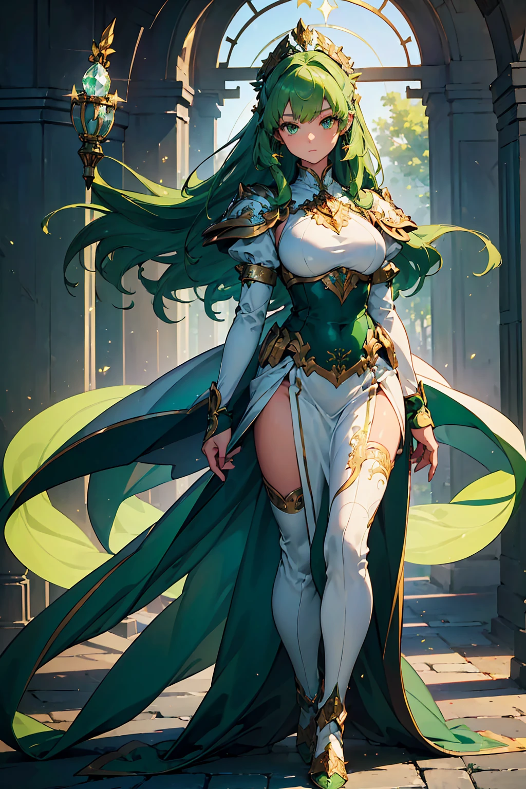 (((masterpiece, best quality, high detailed, 16k))) (1girl) A gracefully compassionate woman with long green hair and gentle emerald eyes. She wears an elegant, shimmering white and green armor, with soft, green-tinted wings. She holds a staff topped with a glowing crystal, emanating healing light. ((full body front view)), (extremely detailed:1.5)
