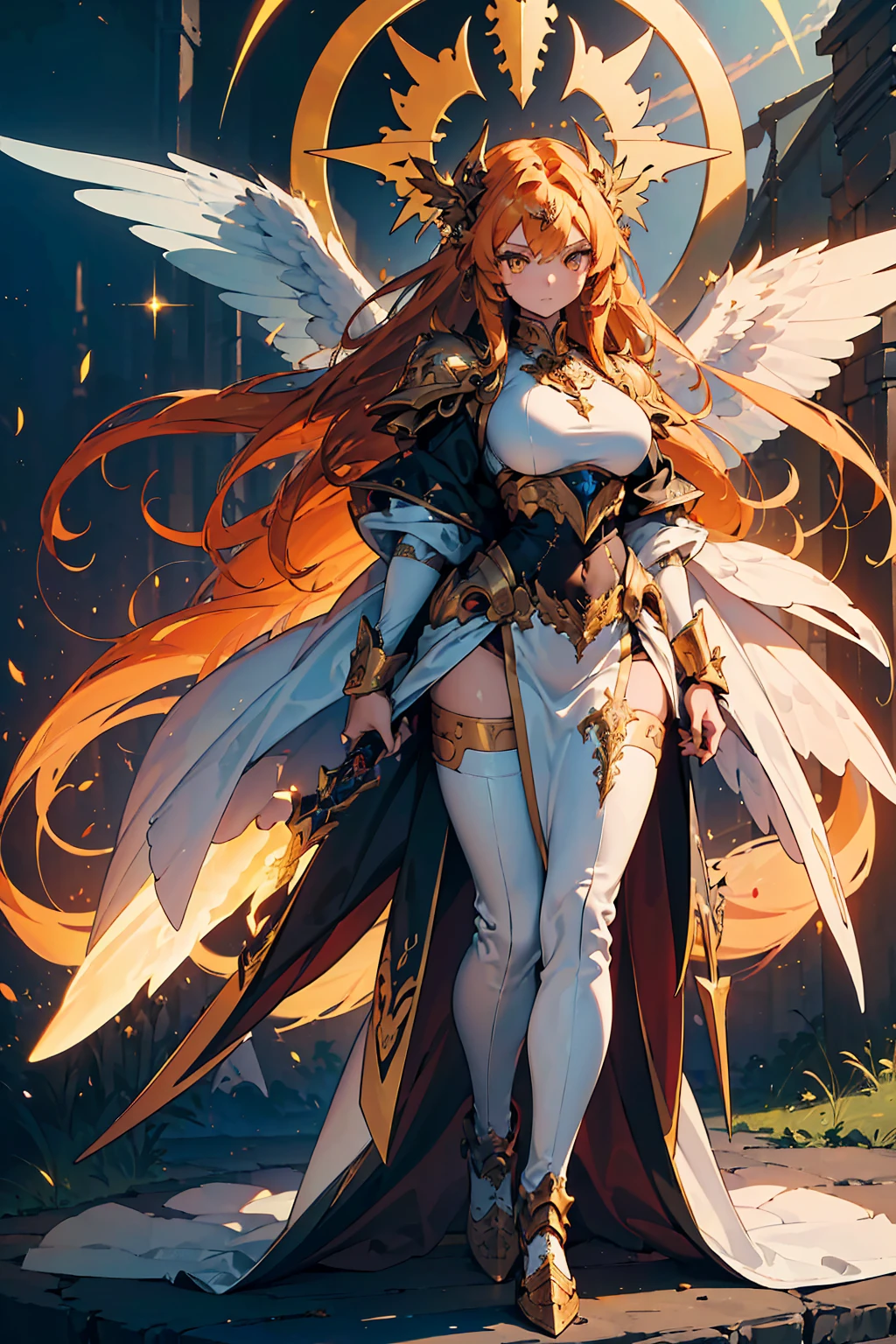 (((masterpiece, best quality, high detailed, 16k))) (1girl) A fiercely righteous woman with long golden hair and piercing amber eyes. She wears a pristine white and gold armor, with large, flaming wings. In her hands, she holds a blazing sword of divine fire, ready to deliver judgment. ((full body front view)), (extremely detailed:1.5)
