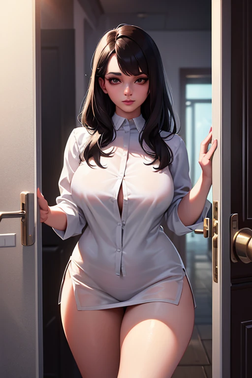 A beautiful adult girl standing, arms down,
beautiful face,
wearing a long sleeve white button up shirt, shiny black leggongs, choker:1.6 she has brown eyes, medium length dark straight hair, ((with a stripe in the middle)), ((Hairstyle without bangs)), whole body, perfect thighs, anatomically perfect legs,
very slim figure, (big breasts), slightly formed breasts, hourglass figure,
realistic skin,
The background is clean and smooth..