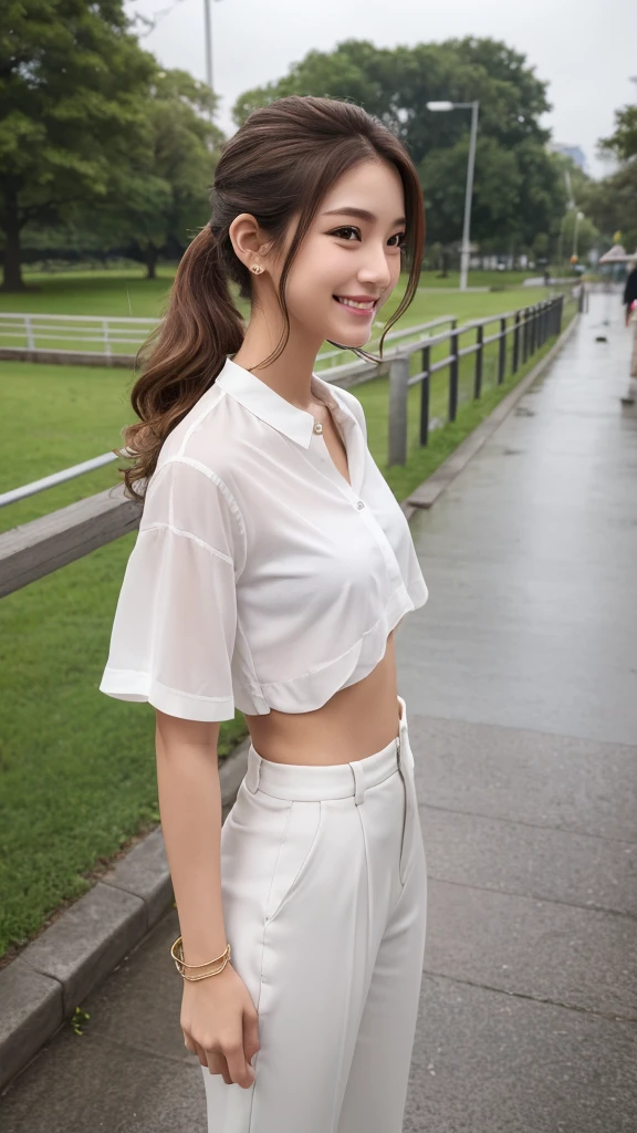 (Best Quality, masutepiece, Ultra HD: 1.3), 1girl in, （middlebreasts）, light brown hair, Blunt bangs, straight haired, Long hair,（ slender body shape, Constricted waist）,（Ultra Fine Face）, Delicate lips, （Beautiful eyes）, thin blush, eyes are brown, perfect glossy skin,View here, （ hide one's hands）, See-through white blouse, White see-through tight skirt, Low Heels. White beret, (a japanese girl,hposing Gravure Idol),  bustshot,Broad-leaved forest