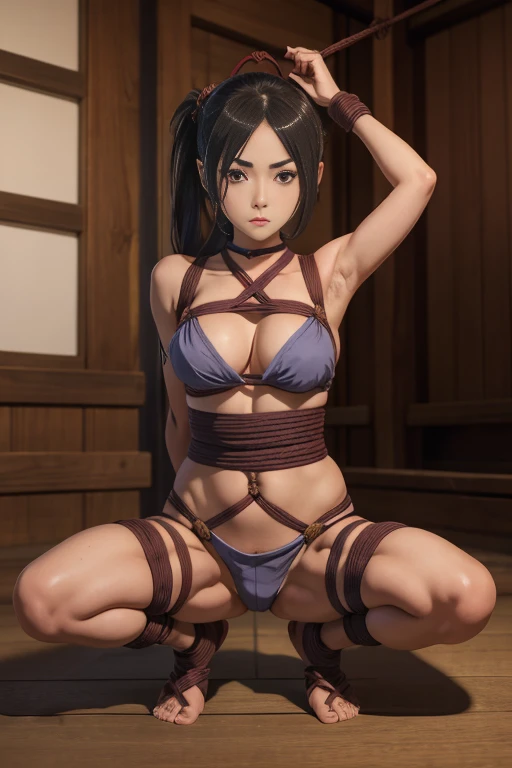 Japanese thief girl from Edo Period, poor girl, ((bondage)), ((bound girl)) ((bondage girl)), ((yamato)), dirty rags, no shoes, black socks, dynamic pose, beautiful, perfect anatomy, perfect legs, perfect arms.